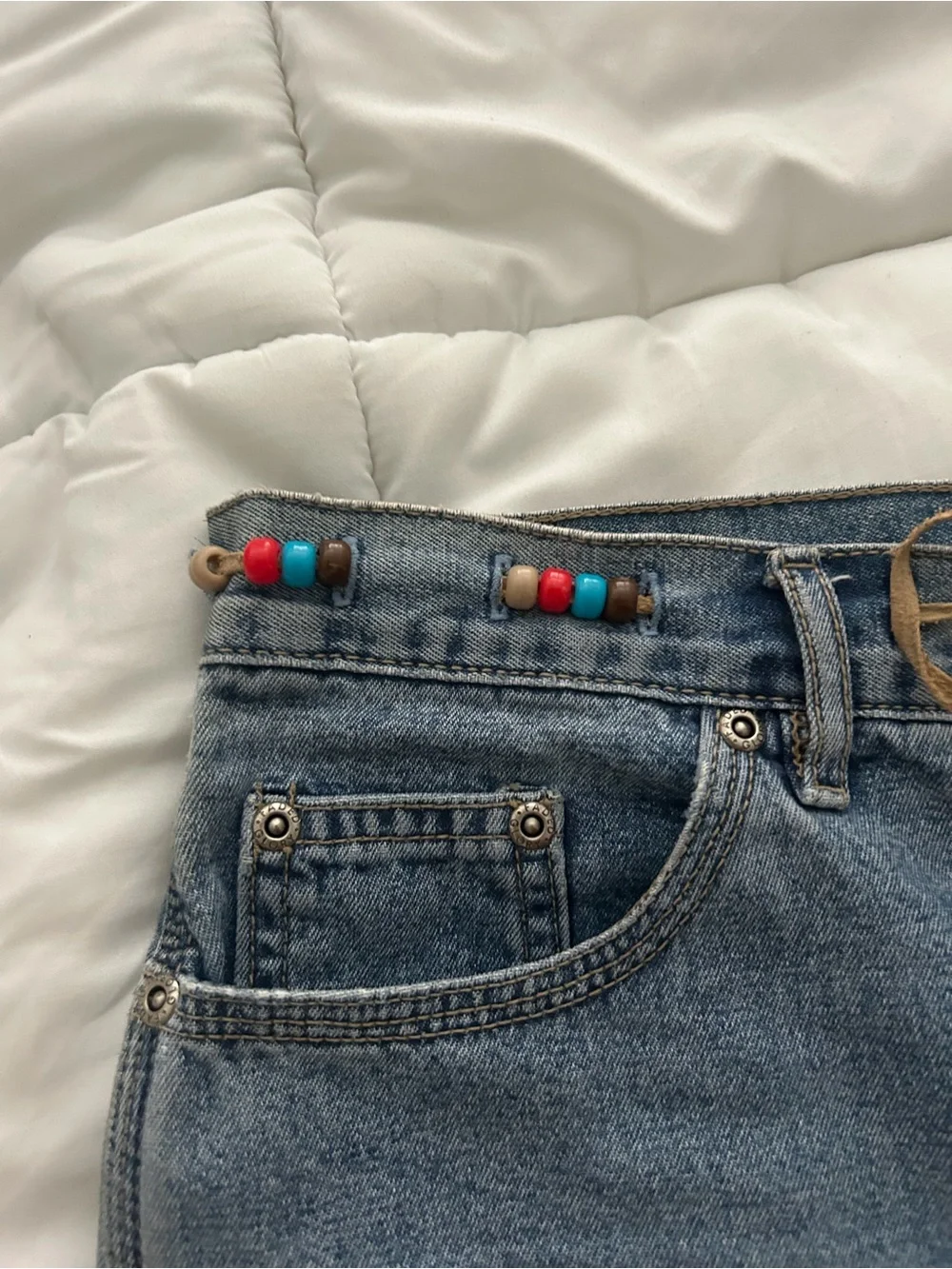Denim Beaded Tie-Waist Shorts - Blue